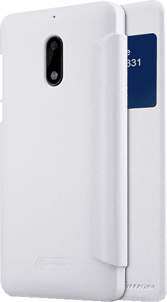Nokia 6 Dual oldalra nyíló flipes műanyag tok gyári NILLKIN mikroszálas bőr aktív flip fehér