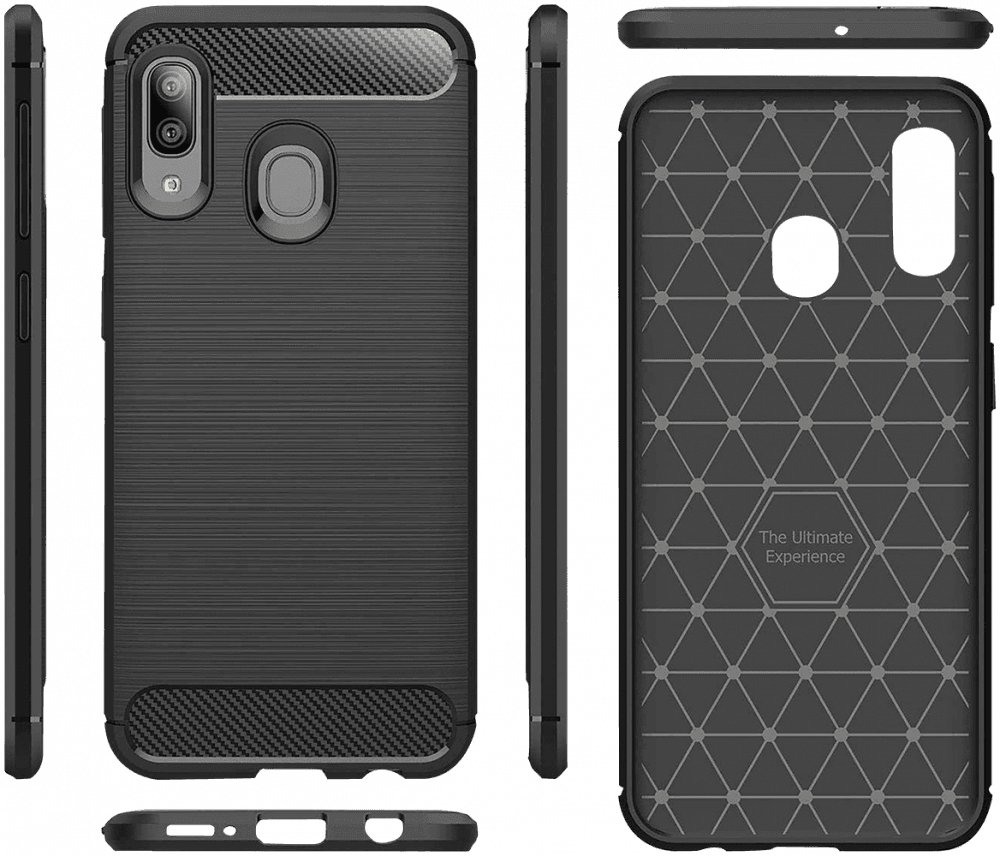 Samsung Galaxy M30 (SM-M305) ütésálló szilikon tok szálcsiszolt-karbon minta légpárnás sarok fekete