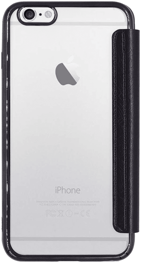 Apple iPhone 6S Plus oldalra nyíló flipes bőrtok átlátszó szilikon hátlap, fémhatású keret fekete