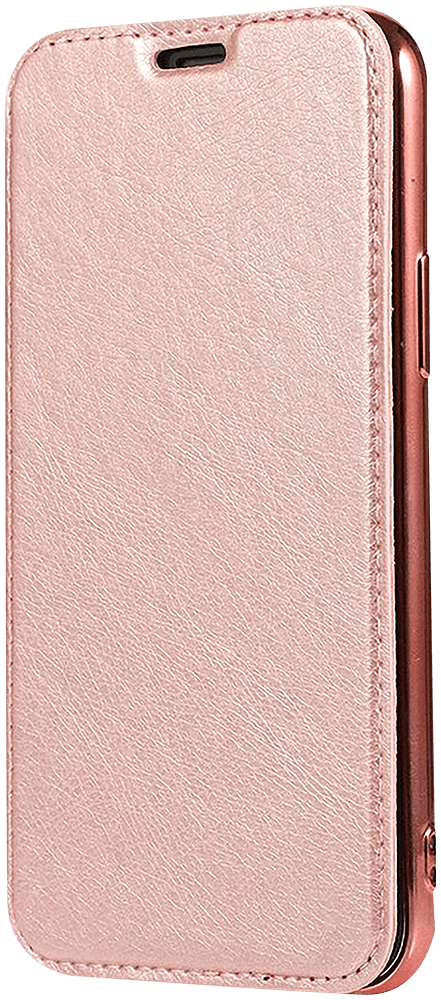 Apple iPhone 11 Pro oldalra nyíló flipes bőrtok átlátszó szilikon hátlap, fémhatású keret rozéarany
