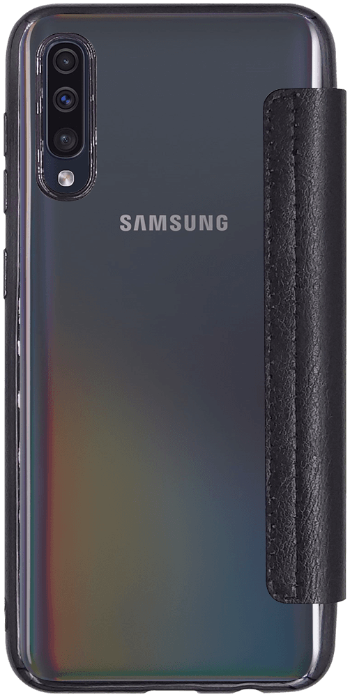 Samsung Galaxy A50s (SM-A507F) oldalra nyíló flipes bőrtok átlátszó szilikon hátlap, fémhatású keret fekete