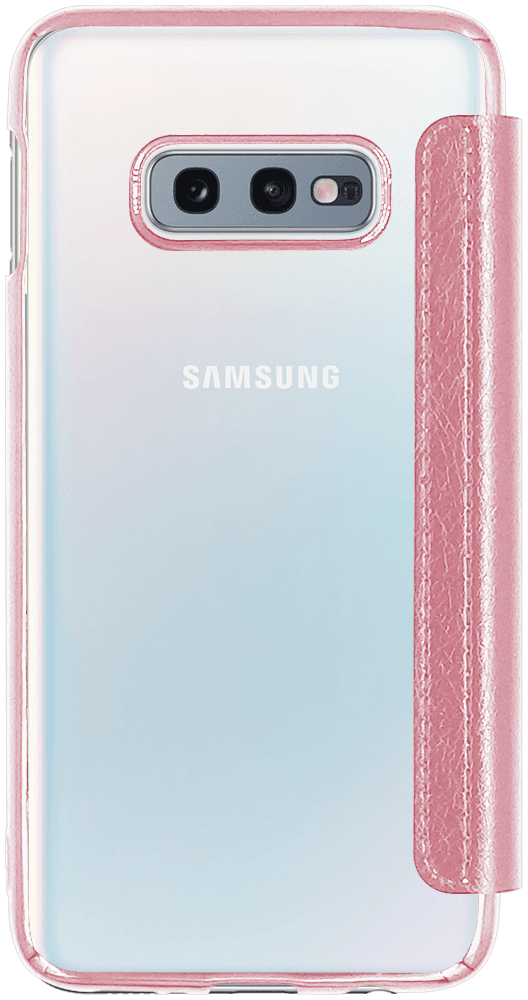 Samsung Galaxy S10e (SM-G970) oldalra nyíló flipes bőrtok átlátszó szilikon hátlap, fémhatású keret rozéarany