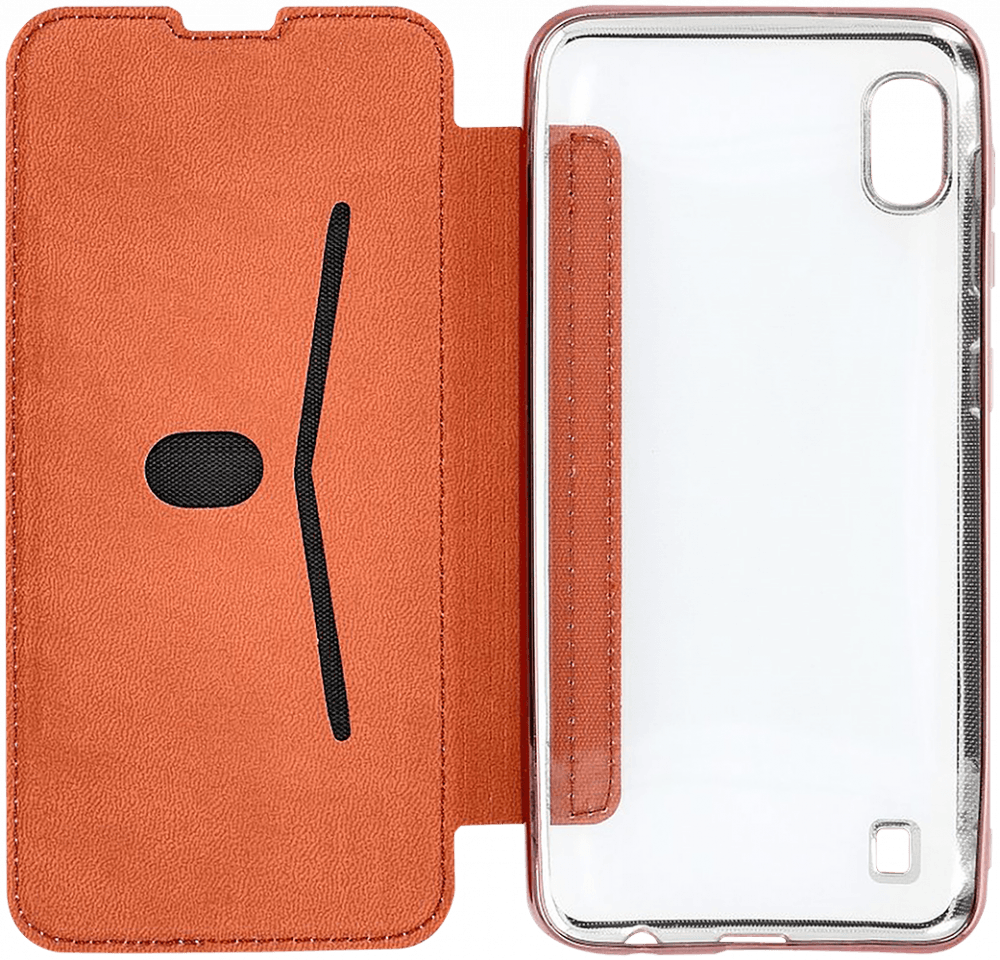 Samsung Galaxy S10e (SM-G970) oldalra nyíló flipes bőrtok átlátszó szilikon hátlap, fémhatású keret rozéarany