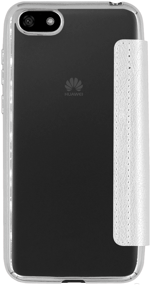 Huawei Y5 2018 oldalra nyíló flipes bőrtok átlátszó szilikon hátlap, fémhatású keret ezüst