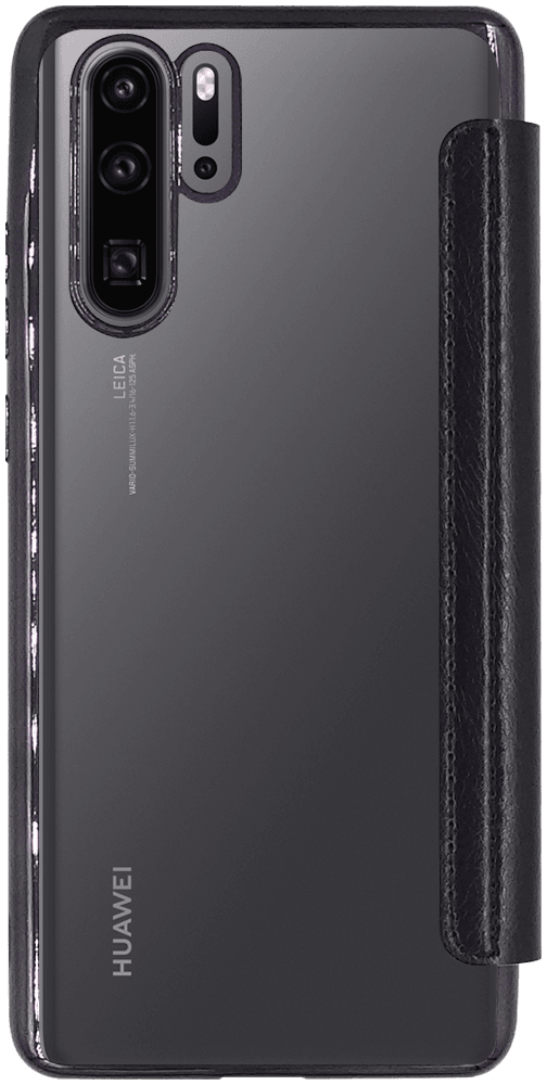 Huawei P30 Pro oldalra nyíló flipes bőrtok átlátszó szilikon hátlap, fémhatású keret fekete