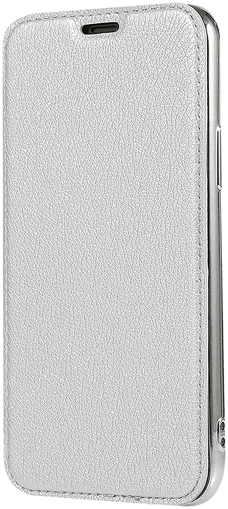 Xiaomi Redmi 8 oldalra nyíló flipes bőrtok átlátszó szilikon hátlap, fémhatású keret ezüst