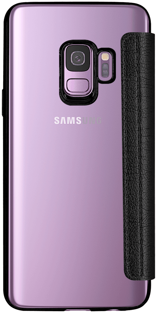 Samsung Galaxy S9 (G960) oldalra nyíló flipes bőrtok átlátszó szilikon hátlap, fémhatású keret fekete