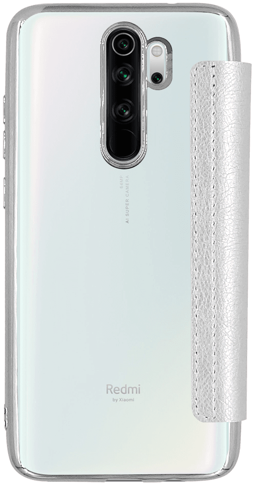Xiaomi Redmi Note 8 Pro oldalra nyíló flipes bőrtok átlátszó szilikon hátlap, fémhatású keret ezüst