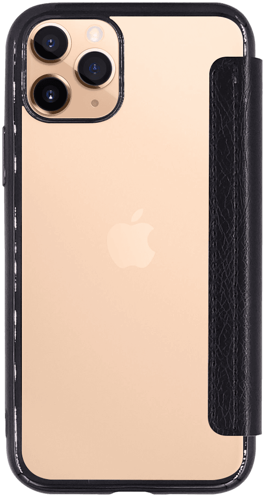Apple iPhone 11 Pro oldalra nyíló flipes bőrtok átlátszó szilikon hátlap, fémhatású keret fekete