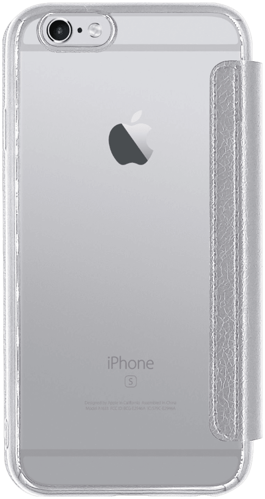 Apple iPhone 6S oldalra nyíló flipes bőrtok átlátszó szilikon hátlap, fémhatású keret ezüst