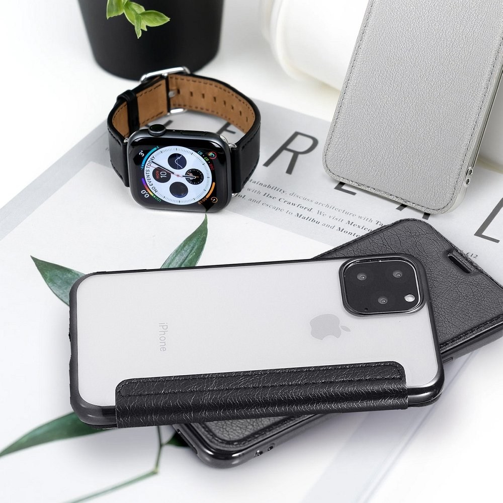 Apple iPhone 6S oldalra nyíló flipes bőrtok átlátszó szilikon hátlap, fémhatású keret ezüst