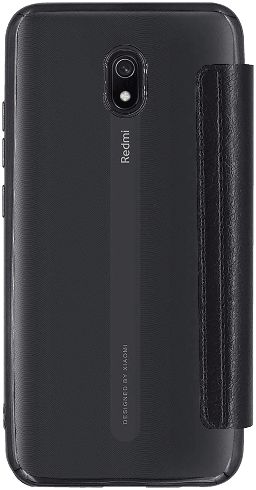 Xiaomi Redmi 8A oldalra nyíló flipes bőrtok átlátszó szilikon hátlap, fémhatású keret fekete