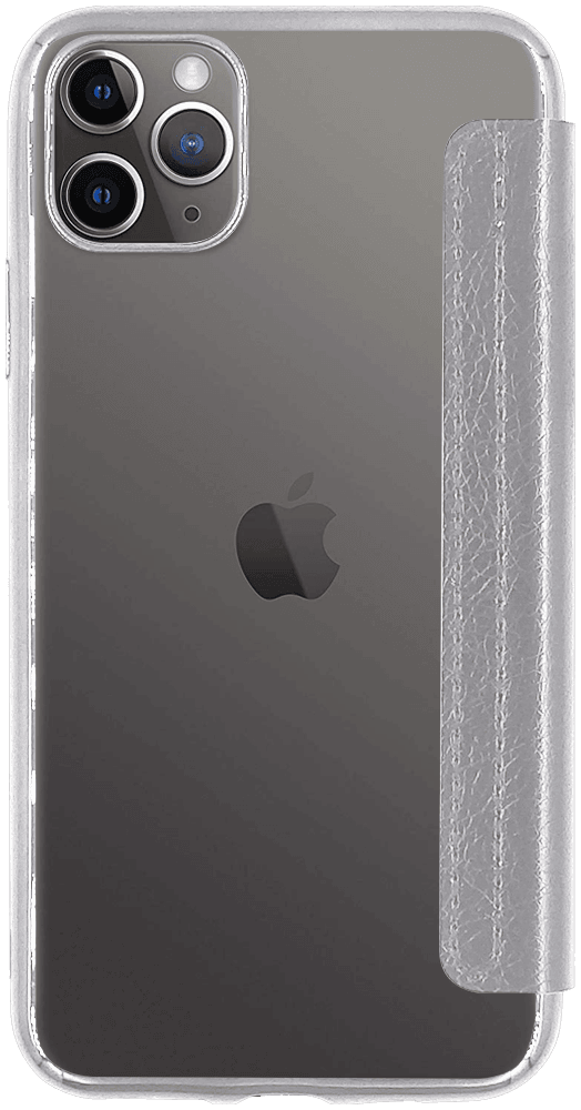 Apple iPhone 11 Pro Max oldalra nyíló flipes bőrtok átlátszó szilikon hátlap, fémhatású keret ezüst