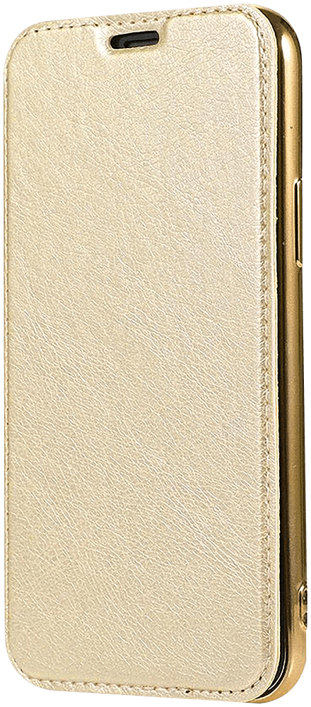 Huawei P40 Lite E oldalra nyíló flipes bőrtok átlátszó szilikon hátlap, fémhatású keret arany