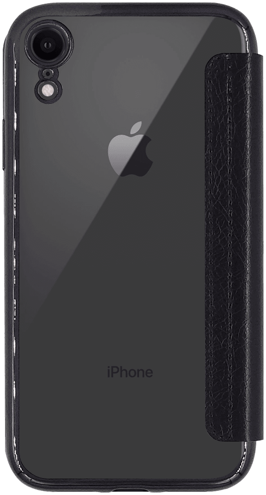 Apple iPhone XR oldalra nyíló flipes bőrtok átlátszó szilikon hátlap, fémhatású keret fekete