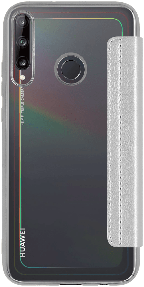 Huawei P40 Lite E oldalra nyíló flipes bőrtok átlátszó szilikon hátlap, fémhatású keret ezüst
