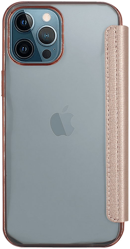 Apple iPhone 12 Pro Max oldalra nyíló flipes bőrtok átlátszó szilikon hátlap, fémhatású keret rozéarany