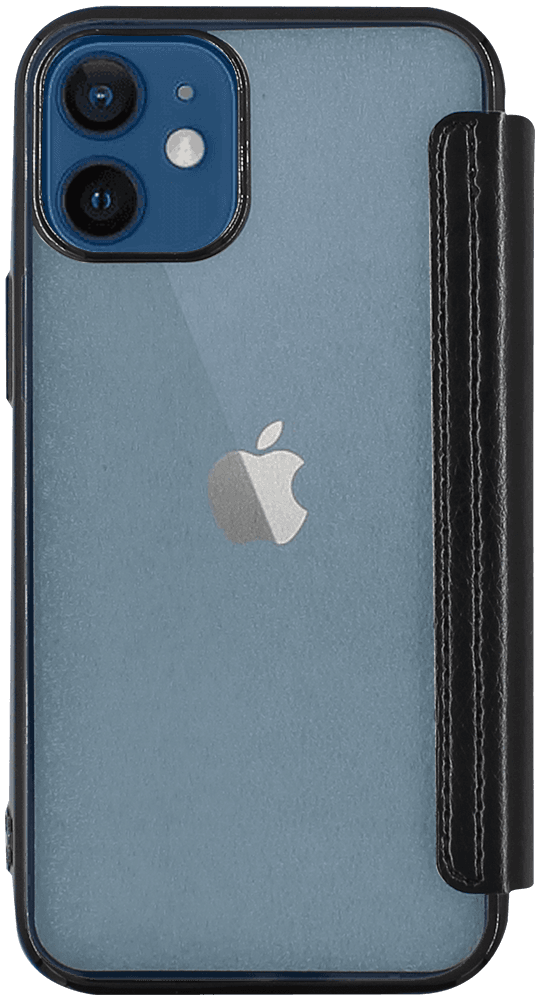 Apple iPhone 12 Mini oldalra nyíló flipes bőrtok átlátszó szilikon hátlap, fémhatású keret fekete