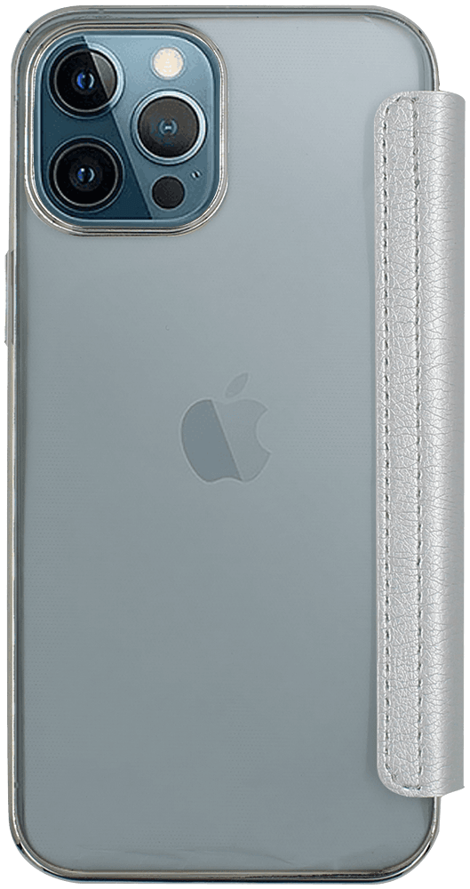 Apple iPhone 12 Pro Max oldalra nyíló flipes bőrtok átlátszó szilikon hátlap, fémhatású keret ezüst