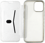 Apple iPhone 12 Pro Max oldalra nyíló flipes bőrtok átlátszó szilikon hátlap, fémhatású keret ezüst