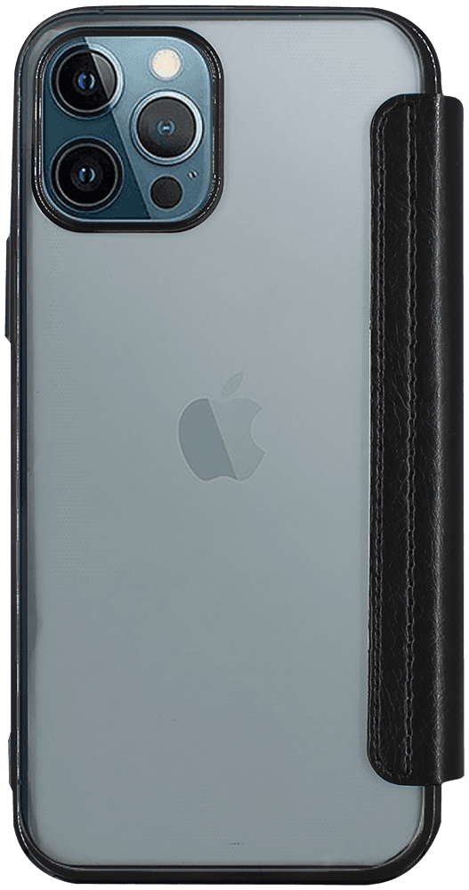 Apple iPhone 12 oldalra nyíló flipes bőrtok átlátszó szilikon hátlap, fémhatású keret fekete