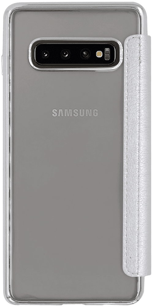 Samsung Galaxy S10 Plus (SM-G975) oldalra nyíló flipes bőrtok átlátszó szilikon hátlap, fémhatású keret ezüst