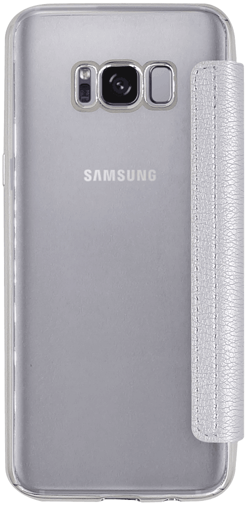 Samsung Galaxy S8 Plus (G955) oldalra nyíló flipes bőrtok átlátszó szilikon hátlap, fémhatású keret ezüst
