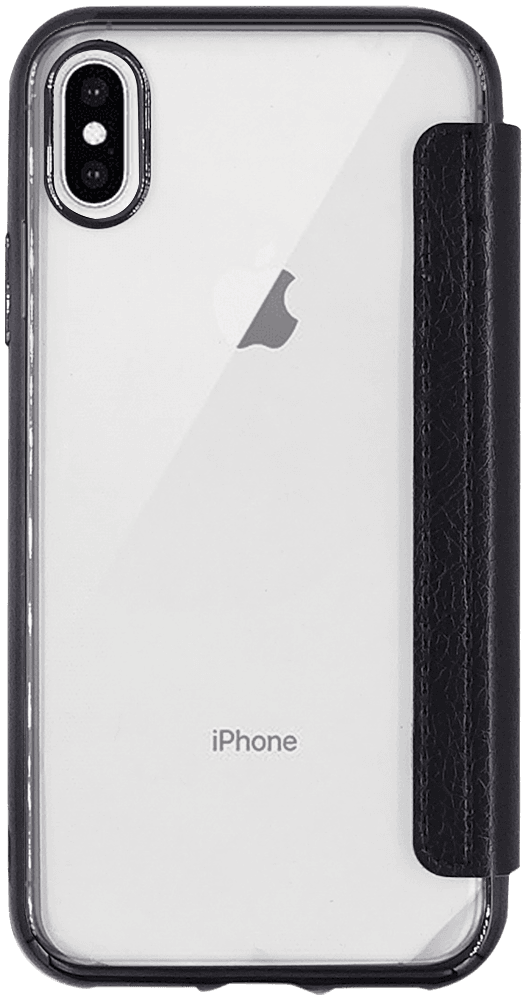 Apple iPhone X oldalra nyíló flipes bőrtok átlátszó szilikon hátlap, fémhatású keret fekete