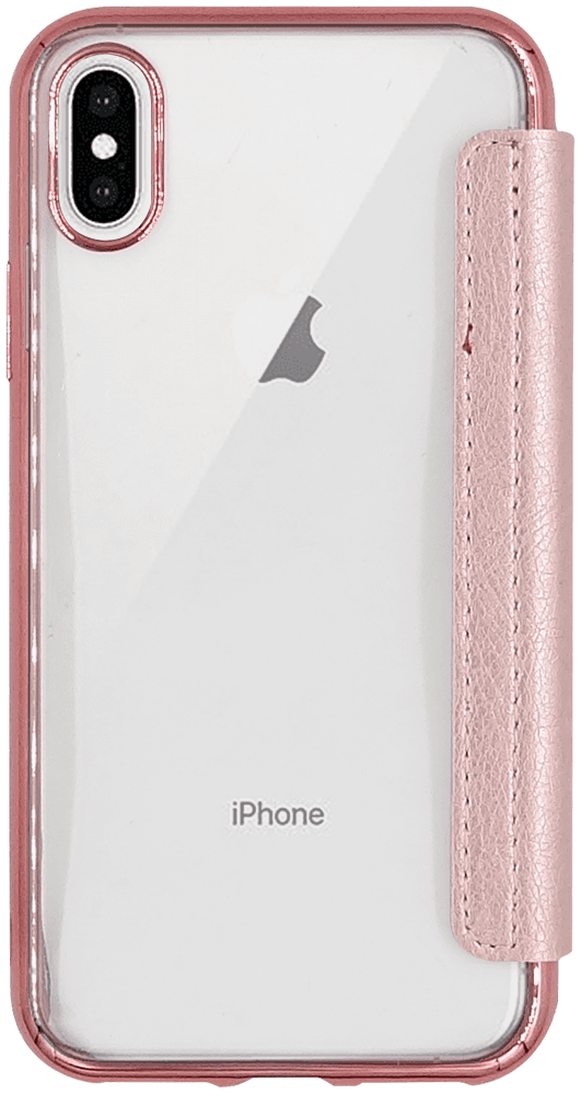 Apple iPhone X oldalra nyíló flipes bőrtok átlátszó szilikon hátlap, fémhatású keret rozéarany