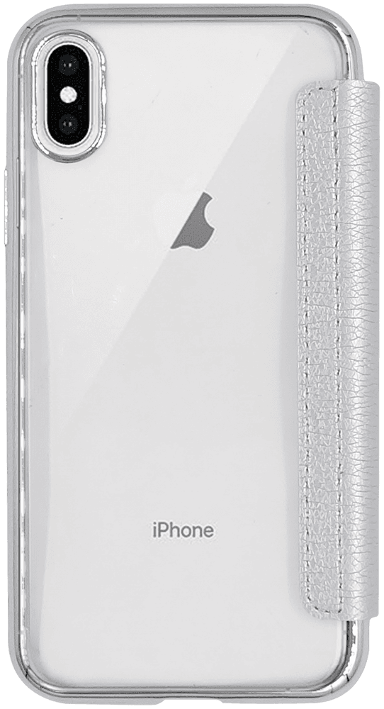 Apple iPhone XS oldalra nyíló flipes bőrtok átlátszó szilikon hátlap, fémhatású keret ezüst