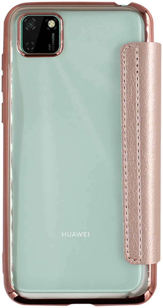 Huawei Y5P oldalra nyíló flipes bőrtok átlátszó szilikon hátlap, fémhatású keret rozéarany