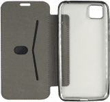 Huawei Y5P oldalra nyíló flipes bőrtok átlátszó szilikon hátlap, fémhatású keret fekete