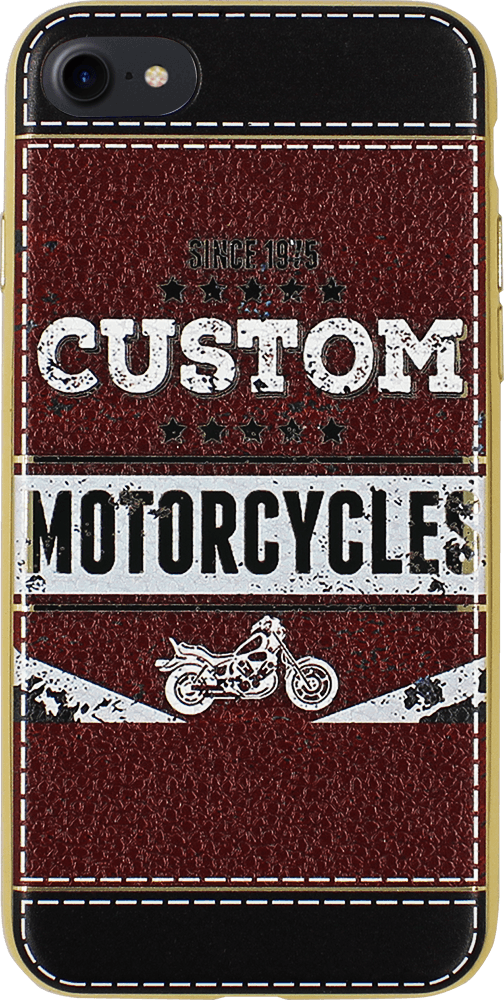 Apple iPhone 8 szilikon tok bőrhatású custom motorcycles mintás fehér/piros, arany kerettel