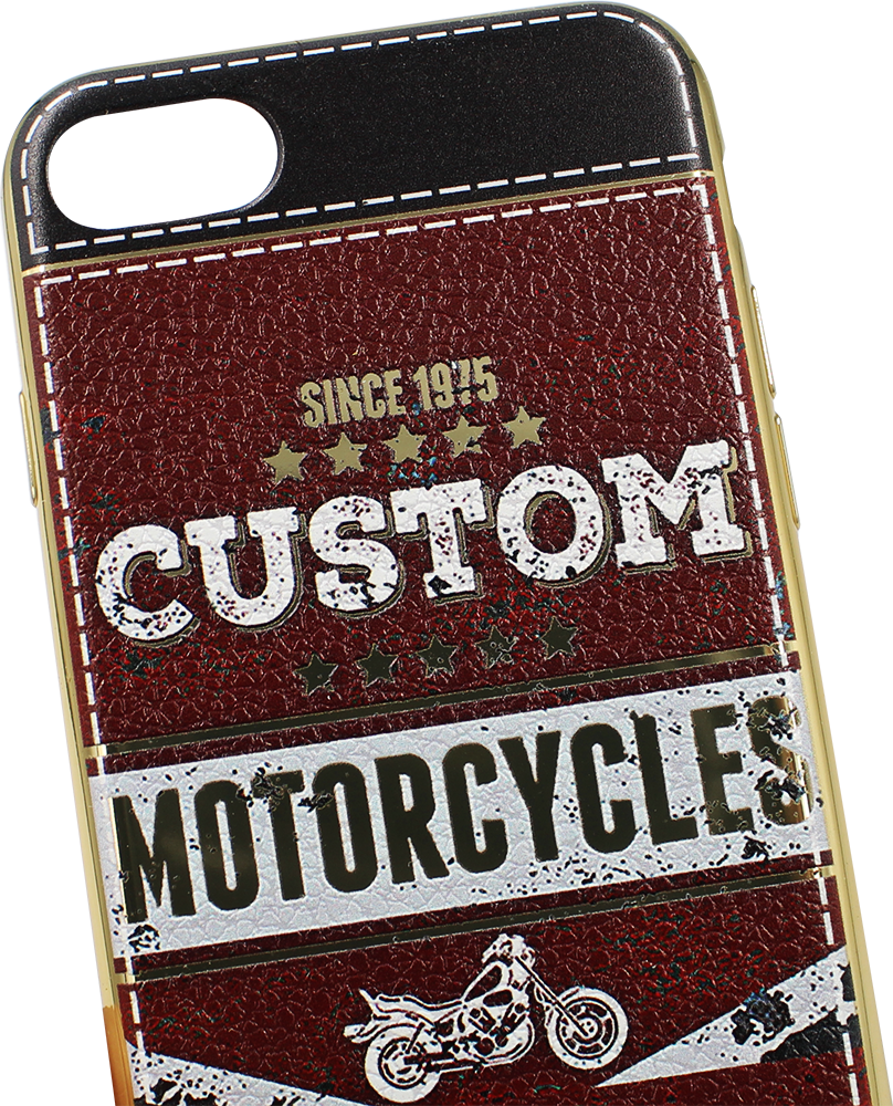 Apple iPhone 8 szilikon tok bőrhatású custom motorcycles mintás fehér/piros, arany kerettel