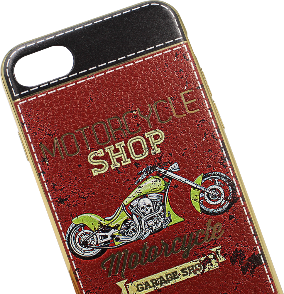 Apple iPhone 8 szilikon tok bőrhatású motorcycle shop mintás piros/fekete, arany kerettel