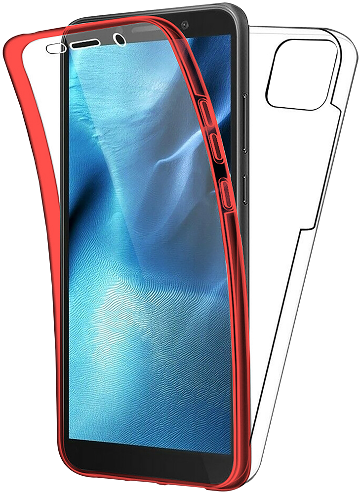 Huawei Y5P kemény hátlap szilikon előlap piros kerettel 360 ° védelem átlátszó