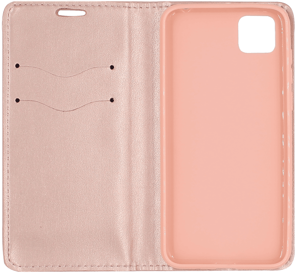 Huawei Y5P oldalra nyíló flipes bőrtok asztali tartó funkciós rozéarany