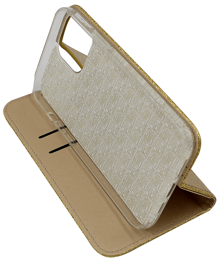 Apple iPhone 12 Pro Max oldalra nyíló flipes bőrtok csillámos arany