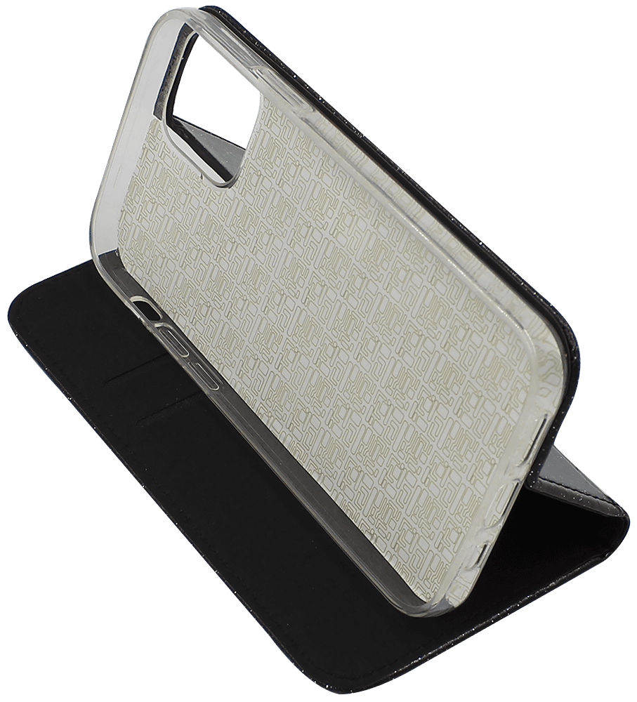 Apple iPhone 12 Pro oldalra nyíló flipes bőrtok csillámos fekete