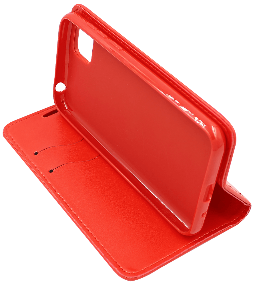 Huawei Y5P oldalra nyíló flipes bőrtok asztali tartó funkciós piros