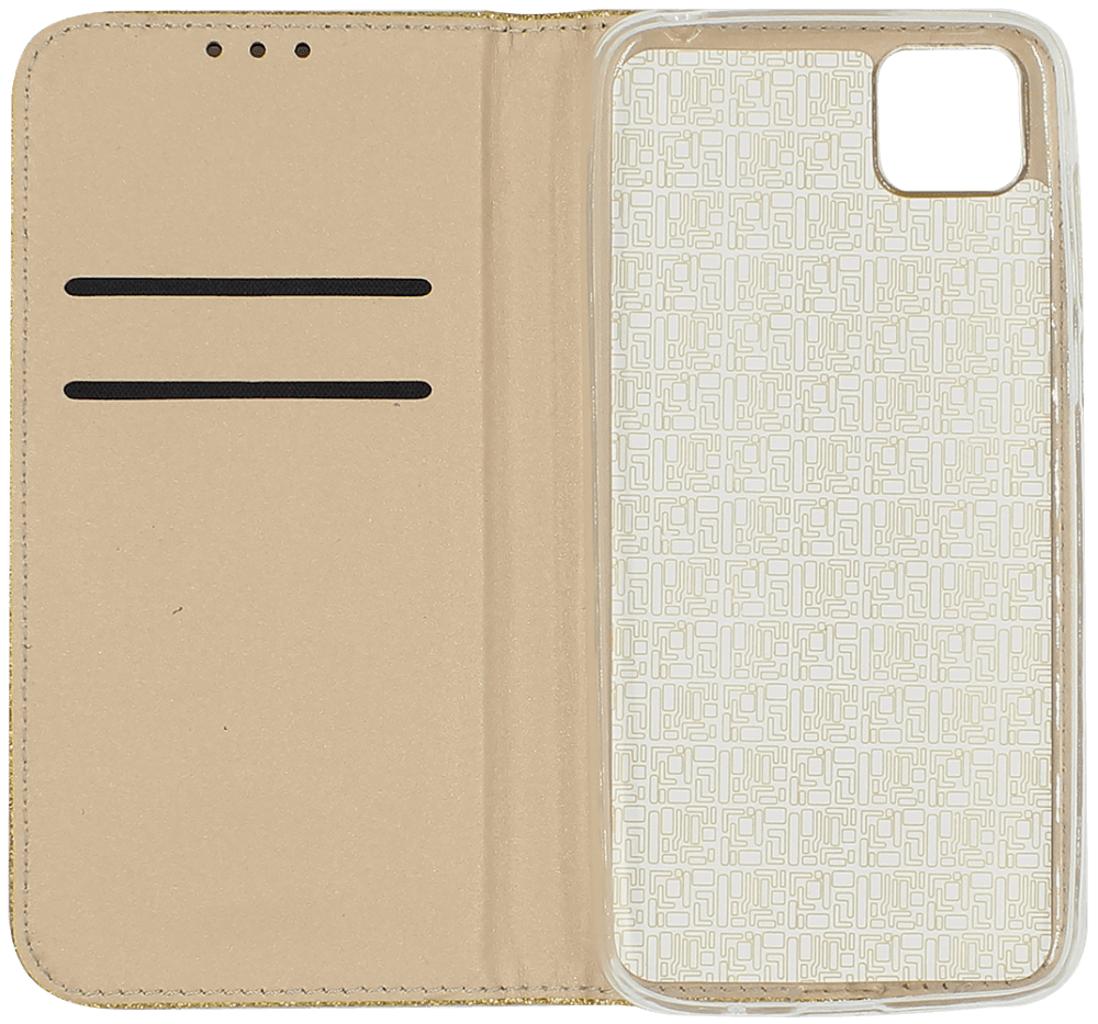 Huawei Y5P oldalra nyíló flipes bőrtok csillámos arany