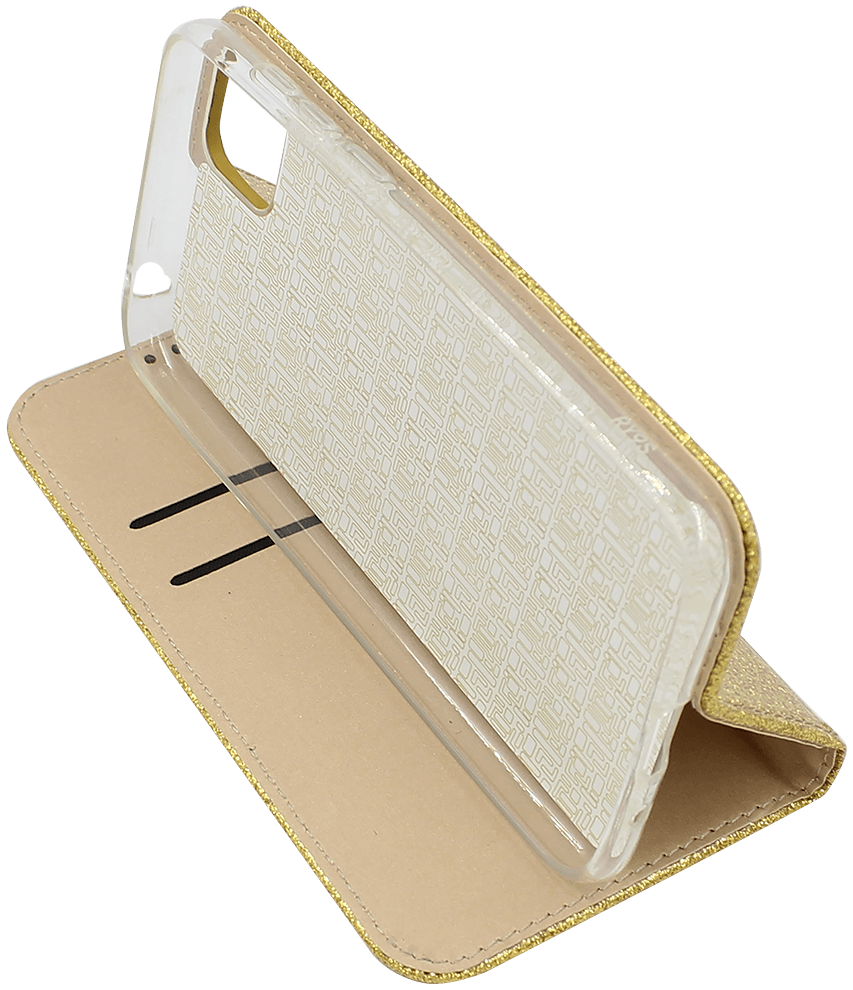 Huawei Y5P oldalra nyíló flipes bőrtok csillámos arany