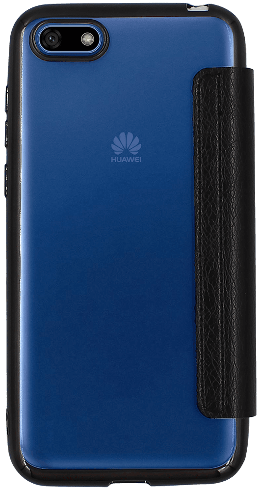 Huawei Y5 2018 oldalra nyíló flipes bőrtok átlátszó szilikon hátlap, fémhatású keret fekete