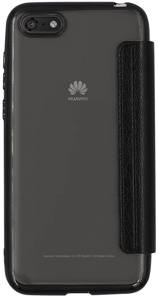 Huawei Y5 Prime 2018 (Y5 2018) oldalra nyíló flipes bőrtok átlátszó szilikon hátlap, fémhatású keret fekete