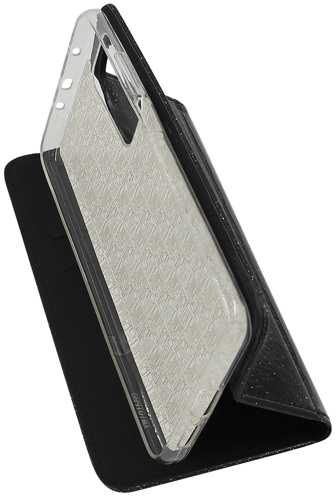 Xiaomi Mi 10T Pro oldalra nyíló flipes bőrtok csillámos fekete