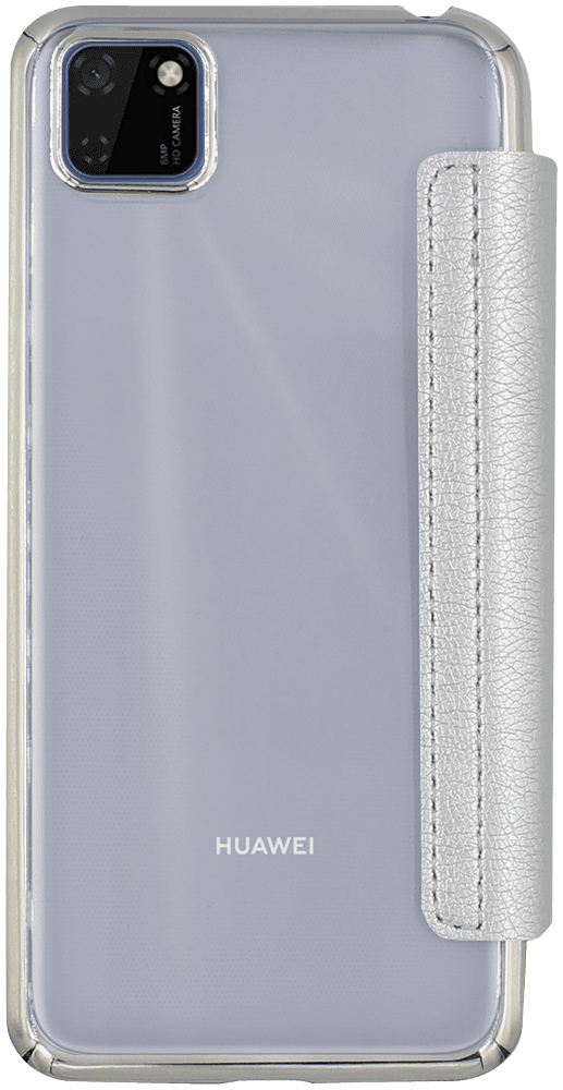 Huawei Y5P oldalra nyíló flipes bőrtok átlátszó szilikon hátlap, fémhatású keret ezüst