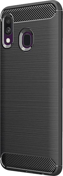 Samsung Galaxy A40 (SM-405) ütésálló szilikon tok szálcsiszolt-karbon minta légpárnás sarok fekete