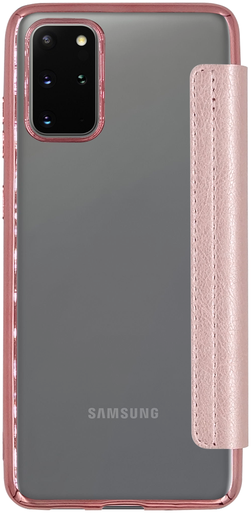Samsung Galaxy S20 Plus (SM-G985F) oldalra nyíló flipes bőrtok átlátszó szilikon hátlap, fémhatású keret rozéarany