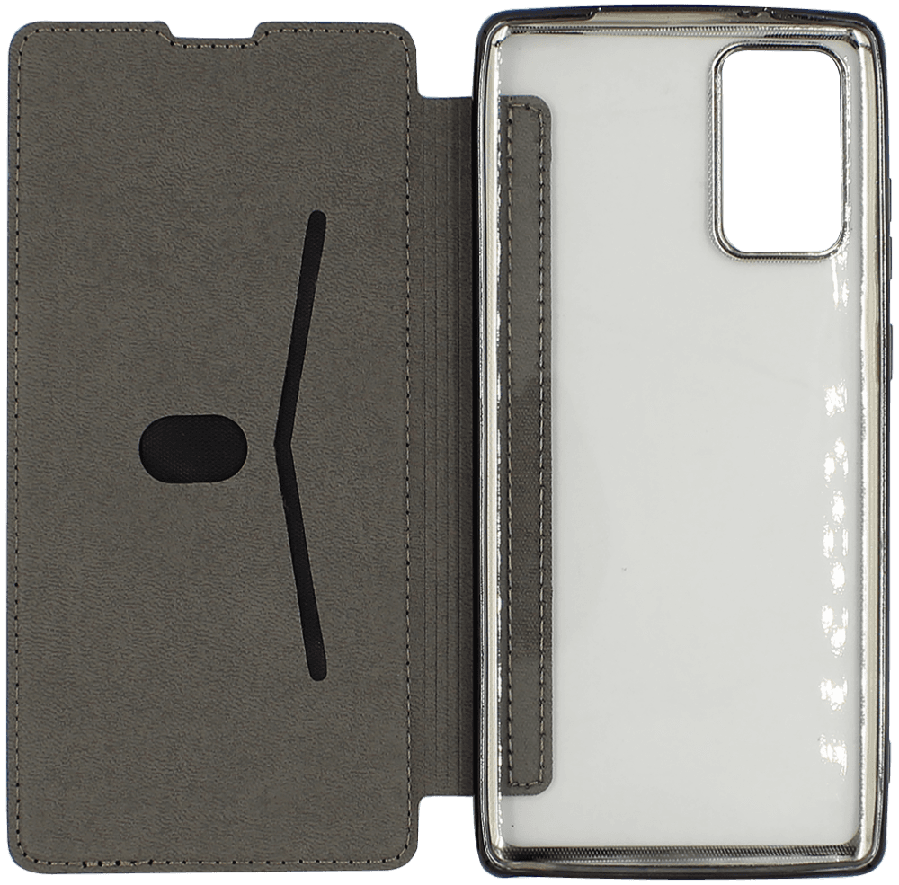 Samsung Galaxy Note 20 5G (SM-N981B) oldalra nyíló flipes bőrtok átlátszó szilikon hátlap, fémhatású keret fekete