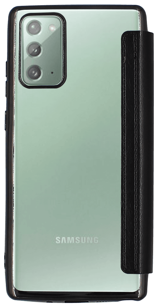 Samsung Galaxy Note 20 (SM-N980F) oldalra nyíló flipes bőrtok átlátszó szilikon hátlap, fémhatású keret fekete